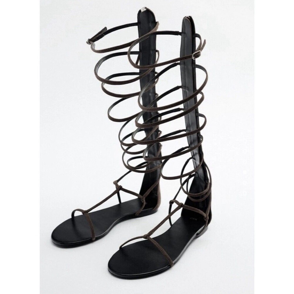 NWT Zara Sandals 37 US 6.5 Flat Brown Suede Leather Gladiator  REF 1616/910